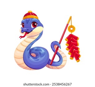 Chinese lunar New Year snake character for Asian holiday, cartoon vector. Funny snake in traditional Chinese costume with petards firecrackers and lucky golden coin for 2025 Chinese New Year calendar