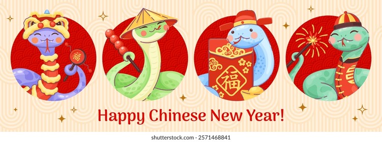 Chinese Lunar New Year snake characters collage for Asian holiday, vector background. Happy Chinese New Year greeting card with funny snakes in Hanfu costume with fireworks and hongbao red envelope