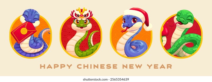 Chinese Lunar New Year snakes collage for Asian holiday, vector banner. Happy Chinese New Year greeting card with funny snakes in Santa hat and dragon mask, gold coins purse and hongbao red envelope