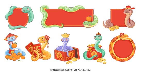 Chinese lunar new year snakes with holiday banners and decorations celebrating Cny 2025, surrounded by red and gold frames, mandarin fruits, gold coins, and traditional symbols of prosperity and luck