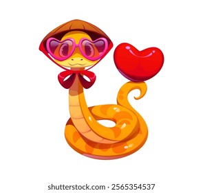 Chinese lunar new year and valentine day cartoon cute snake character holds red heart symbolizing love and affection. Golden reptile wearing oversized heart shaped pink glasses and conical bamboo hat