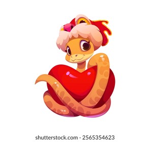 Chinese lunar new year and valentine day cartoon cute snake character holds a shiny red heart. Funny reptile with yellow orange scales wears festive lion dance hat, symbolizing warmth and affection