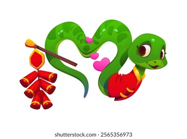 Chinese lunar new year and valentine day cartoon cute snake character with green scales and wearing red festive garment curls into a heart shape, with pink floating hearts and holding red firecrackers