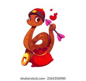 Chinese lunar new year and valentine day cartoon cute snake character wearing festive hat, holding a heart tipped arrow, surrounded by floating hearts, with money pouch and a gold coin lie beside