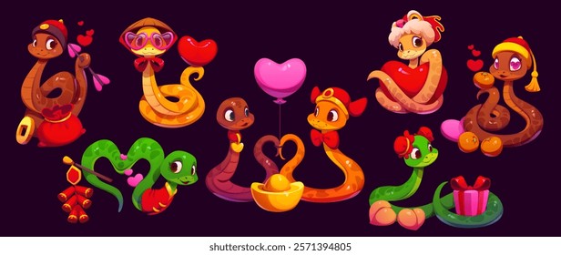 Chinese lunar new year and valentine day cartoon cute snake characters. Vector reptiles with festive decor and traditional accessories like heart balloon, gold ingots mandarin fruits and red envelopes