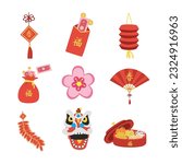 Chinese Lunar New Year vector set. Red envelope, lantern, peach blossom, firecracker, lion dance cartoon clipart, flat design. Chinese text means "Spring", "Good Luck"