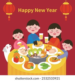 Chinese Lunar New Year's Eve, the whole family has reunion dinner to celebrate the new year, New Year's greeting card festive with red background