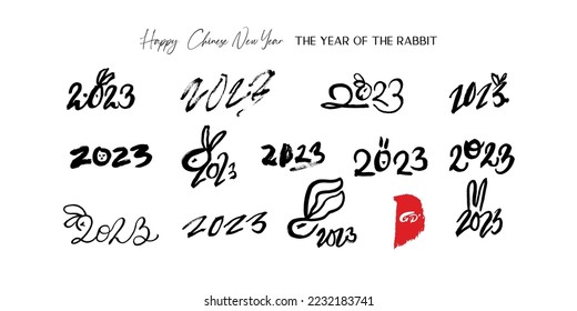 Chinese lunar Rabbit New year brush calligraphy greeting card. Bunny symbol oriental vector element. Hand painted abstract stamp zodiac sign icon. Kanji symbol that means Rabbit in Japanese.