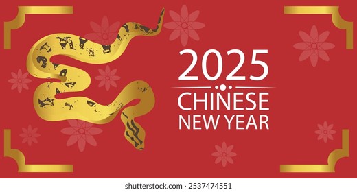 Chinese lunar year commemorative banner, happy new year, vector illustration with a golden snake.