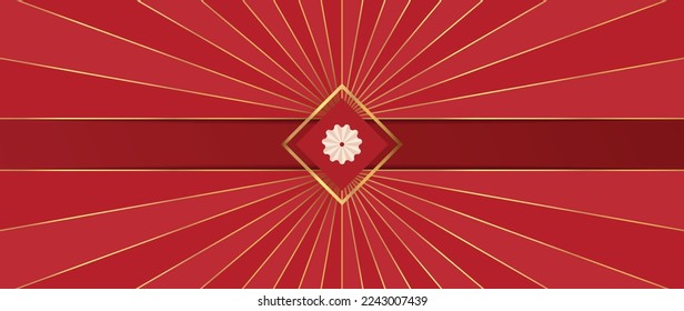 Chinese luxury background vector. Elegant decorative oriental style of flower symbol and geometric shape with gradient gold ray line on red background. Design illustration for wallpaper, card, poster.