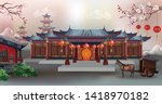 Chinese luxury house with  pavilion , carriages and lanterns hang together with plum blossoms on beautiful mountain scenery - vector