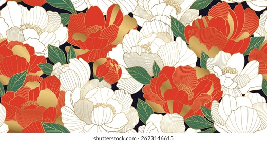 Chinese luxury seamless vector pattern with oriental red and white peony flowers and leaves. Asian background of gold lines art texture. Design illustration for wallpaper, card, poster, packaging.