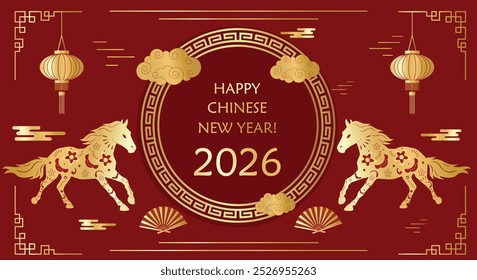 Chinese luxury traditional pattern golden round frame with horses, Chinese gold fan, asian ornaments and lanterns red background. Greeting vector card template. Lunar New Year 2026