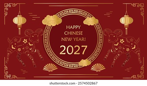 Chinese luxury traditional pattern golden round frame with goats, Chinese gold fan, Asian ornaments and lanterns red background. Greeting vector card template. Lunar New Year 2027