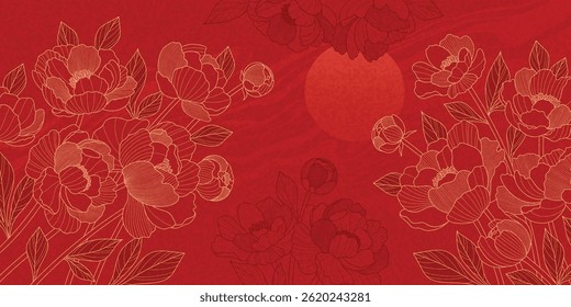 Chinese luxury vector background with oriental peony flowers and leaves of line style. Asian background of flowers, wave and moon. Design illustration for wallpaper, card, poster, advertising