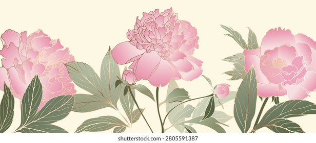 Chinese luxury vector background with oriental red pink peony flowers and leaves. Asian background of gold lines art texture for wallpaper, card, poster, packaging.
