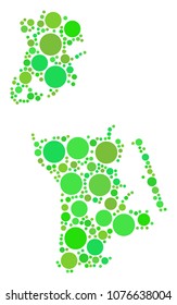 Chinese Macau Map collage of scattered circle elements in variable sizes and eco green shades. Vector filled circles are combined into chinese macau map illustration.