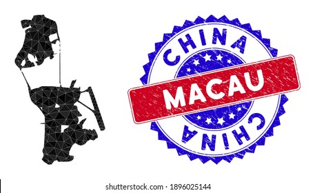 Chinese Macau map polygonal mesh with filled triangles, and scratched bicolor stamp. Triangle mosaic Chinese Macau map with mesh vector model, triangles have different sizes, and positions,