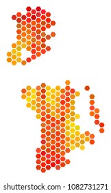 Chinese Macau map. Vector honeycomb geographic map in orange color tints. Impressive Chinese Macau map composition is created of fired hex-tile spots.