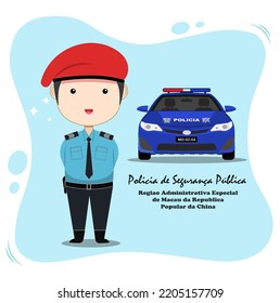 Chinese macau police cartoon vector. Translation on car and text : "police" and "public security police, macao special administrative regio of the people's republic of china" 