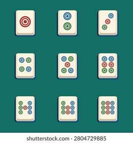 Chinese Mahjong Circle Dot Suit Complete Set 1 to 9 Flat Vector Isometric Illustration