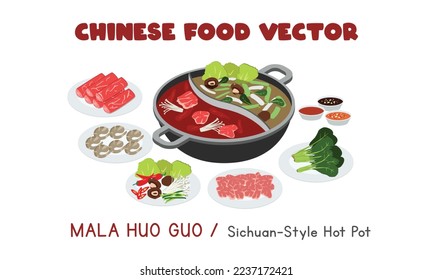 Chinese Mala Huo Guo - Sichuan-style Hot Pot flat vector design illustration, clipart cartoon style. Asian food. Chinese cuisine. Chinese food