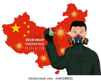 Chinese man against the background of the Map of China. Wuhan coronavirus 2019-nCov. Virus Prevention in China. Medic in chemical protection suit. Vector illustration