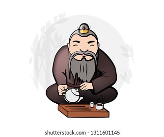 Chinese man (asian / japan) Tea master at the tea ceremony. The character associated with black tea (puerh). Vector illustration of Eastern culture and tea traditions.