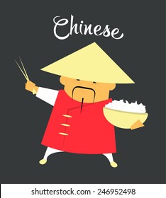 Chinese man character or monk, citizen of the China with rice and Chinese sticks in conical hat