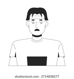 Hombre chino con carácter de línea 2D de expresión de cara mareada. Reacción desorientada, fatiga mental. Confundido asiático chico espiral ojos aislados Vector tinta contorno persona. Ilustración de punto monocromático