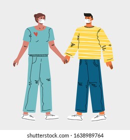 A Chinese man and a European girl are both dressed in medical masks holding hands. Color vector illustration.
