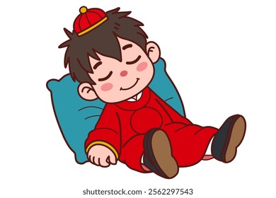 A chinese man fell asleep. Vector illustration in cartoon style.