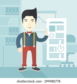 Un hombre chino feliz parado dentro de su oficina mostrando su trabajo de papel completo reportando a tiempo. Concepto de logro. Un estilo contemporáneo con una paleta pastel y un suave fondo azul tintado. Vector plano