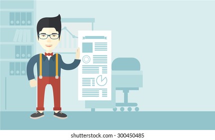 Un hombre chino feliz parado dentro de su oficina mostrando su trabajo de papel completo reportando a tiempo. Concepto de logro. Un estilo contemporáneo con una paleta pastel y un suave fondo azul tintado. Vector plano