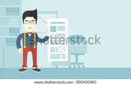 A chinese man happy standing inside his office showing his complete paper works report on time. Achievement concept. A Contemporary style with pastel palette, soft blue tinted background. Vector flat