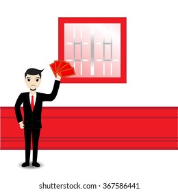 Chinese man hold with chinese red pocket on office background