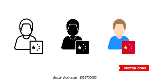 Chinese man icon of 3 types: color, black and white, outline. Isolated vector sign symbol.