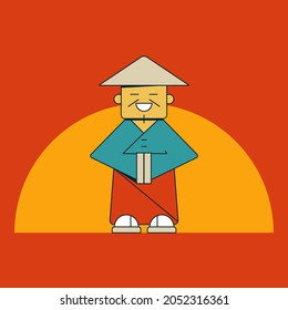A Chinese man in a kimono stands with folded hands against the background of the rising sun. 