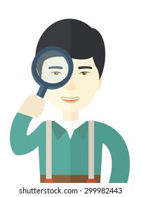 A chinese man with magnifying glass. A Contemporary style. Vector flat design illustration isolated white background. Vertical layout