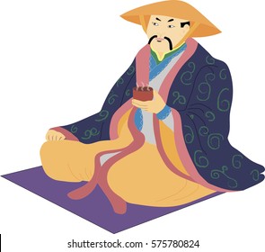 Chinese man in national dress drinking tea, sitting on the rug.