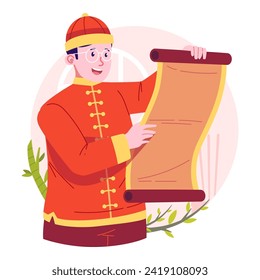 Chinese man read greeting scroll illustration