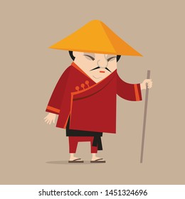 A Chinese man in a red kimono. Flat vector illustration, cartoon character.