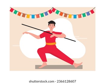 Chinese man in red shirt is practicing wushu kungfu with sticks, with colorful banner. Character design. Vector flat illustration