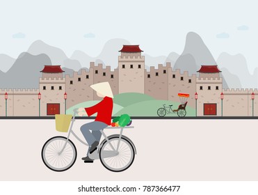 Chinese man rides a bicycle in country china vector