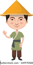 Chinese Man with Straw Hat Cartoon Character Vector Isolated Illustration