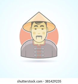 Chinese man in traditional cloth icon. Avatar and person illustration. Flat colored outlined style. Vector illustration.