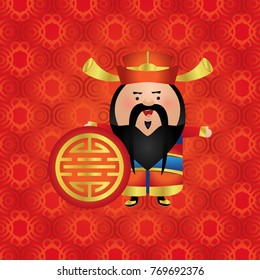 A Chinese man in traditional clothes is holding a round symbol of good luck.  Red complex background with gold ornament. Symbol of the Chinese New Year. Cute vector character