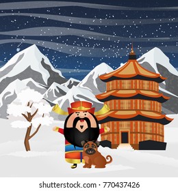 A Chinese man in traditional clothes and little pug dog sits next to him. Symbol of the Chinese New Year.  Pagoda with a sloping blue roof. Winter. Landscape and cute vector character