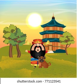 A Chinese man in traditional clothes and little pug dog sits next to him. Symbol of the Chinese New Year. Pagoda with a sloping blue roof. Landscape and cute vector character