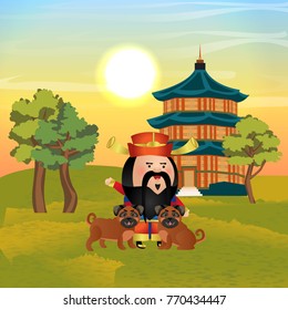 A Chinese man in traditional clothes and two little pug dogs sit and stand beside him.  Symbol of the Chinese New Year. Pagoda with a sloping blue roof. Landscape and cute vector character